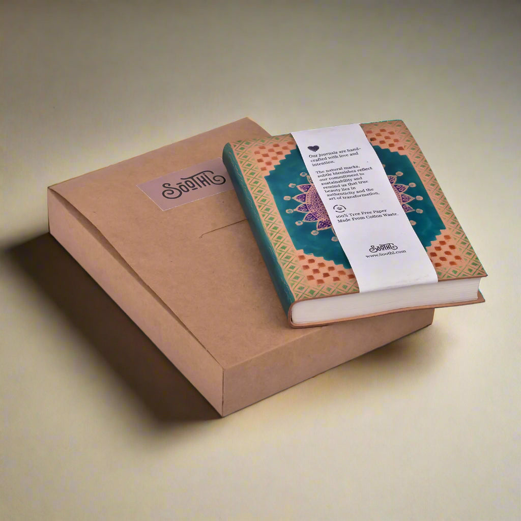 Decorative notebook with mandala design on a brown box