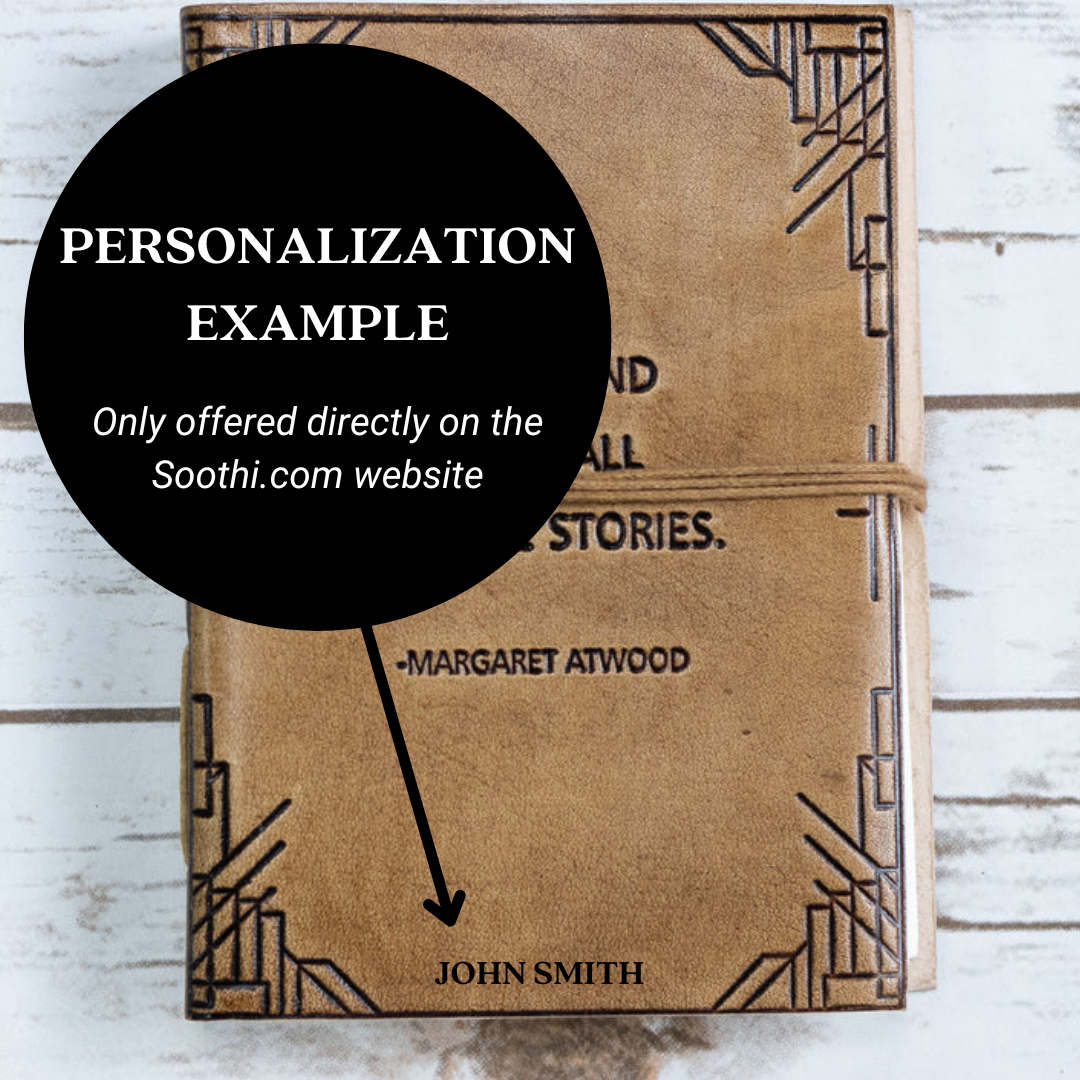 Rustic leather diary with embossed quote “We all become stories” – perfect for dreamers and creatives