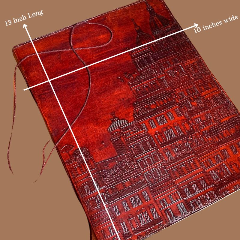 Leather journal embossed with European architecture – handcrafted notebook featuring charming cityscape details, perfect for travel notes, sketching, and journaling