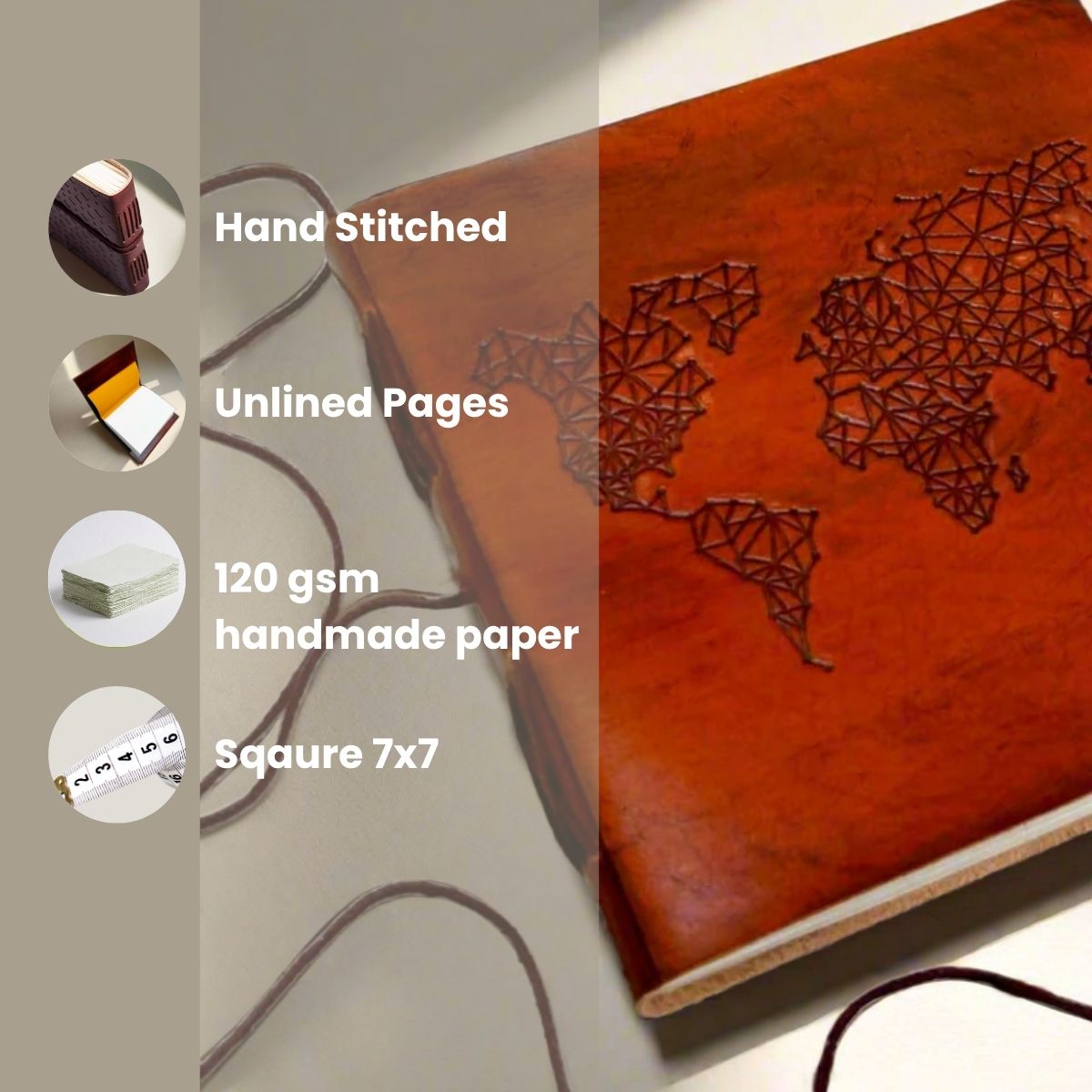 Adventure-ready leather journal – world map embossing for documenting memories from every corner of the globe