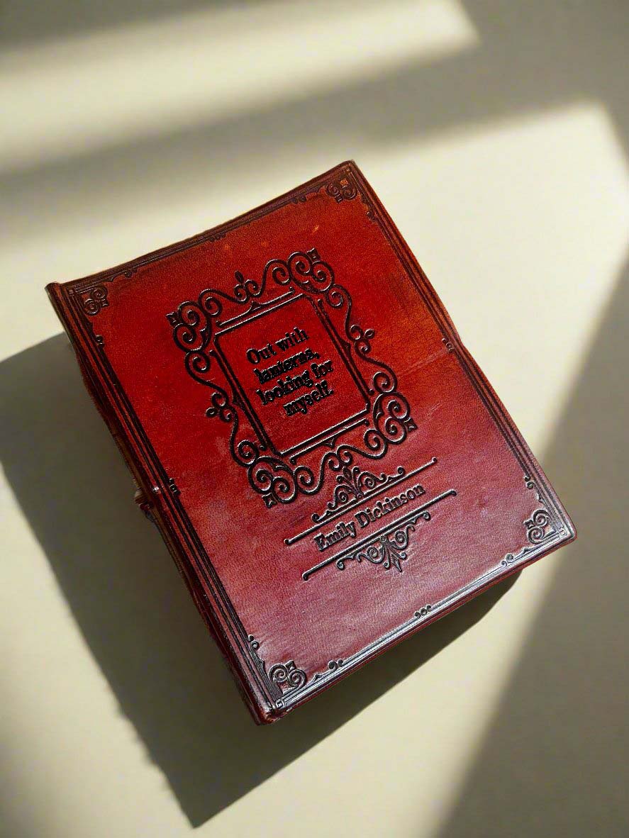 Whimsical leather notebook with Emily Dickinson quote and elegant frame design – artisan gift for writers, artists, bookworms