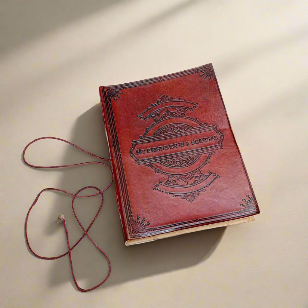 Whimsical leather notebook with charming frame design illustrations in cover – mystical journal for spiritual writing and art