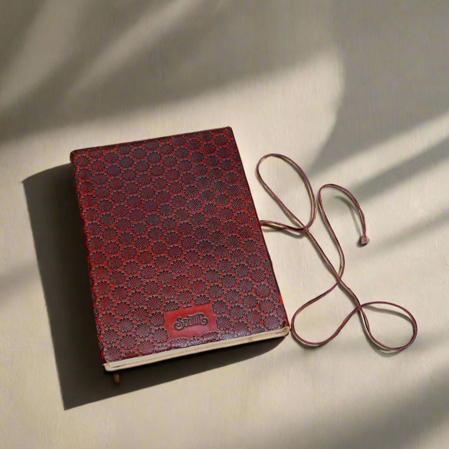 Whimsical leather notebook with charming frame design illustrations in cover – mystical journal for spiritual writing and art