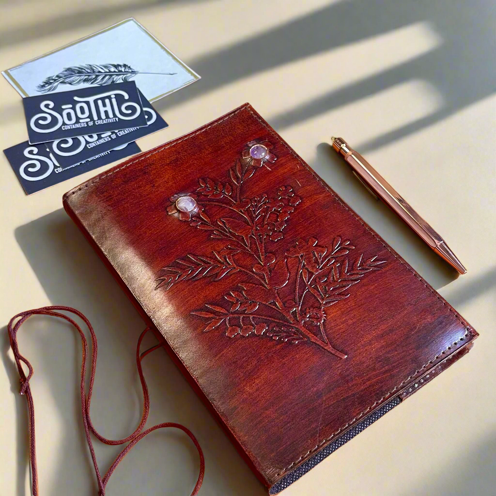 Floral-embossed leather journal – eco-conscious design with amethyst and botanical stones for grounding and creativity