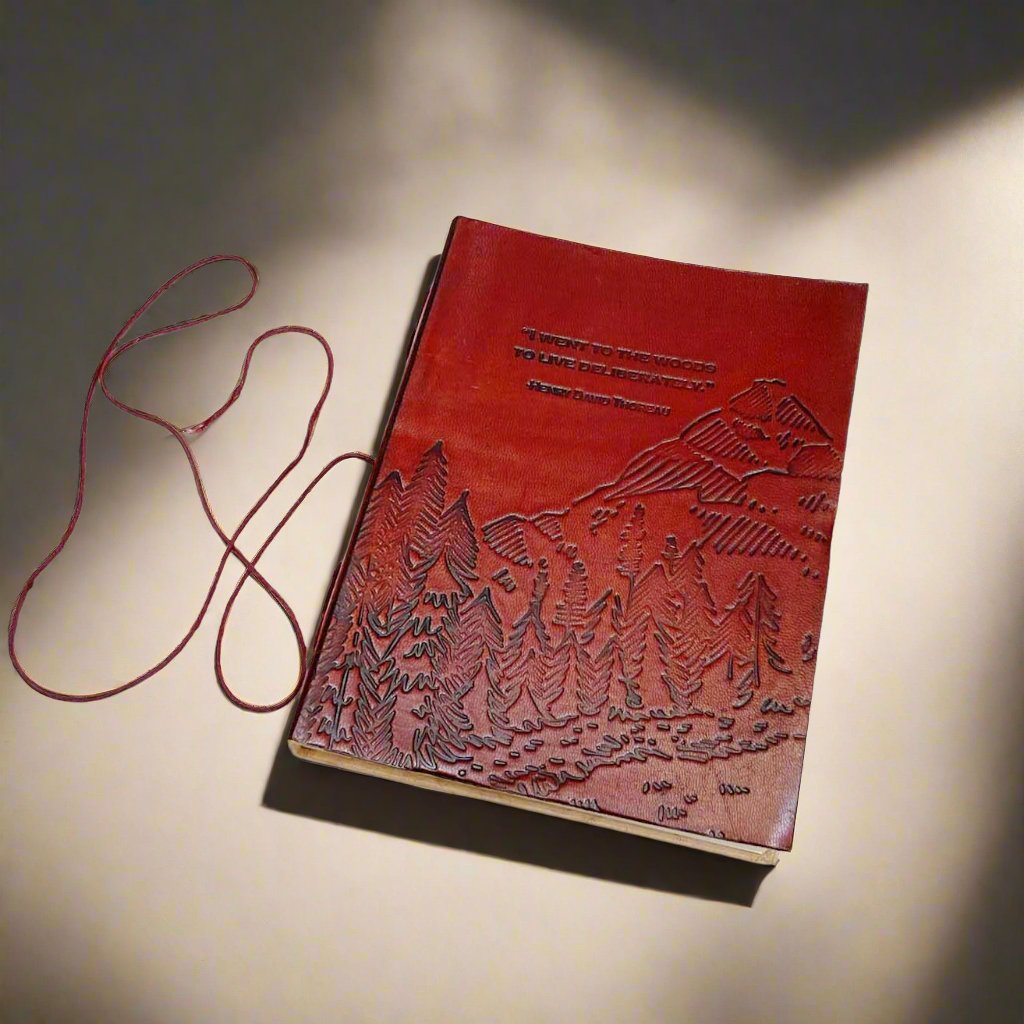 Illustrated leather notebook with mountains and trees embossing – eco-conscious journal for nature lovers, adventurers, and travelers