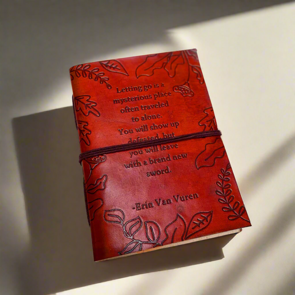 Salvaged leather journal with inspirational quote and leaves embossed in the cover – perfect for gifting to moms, sister, grandma, and girlfriend