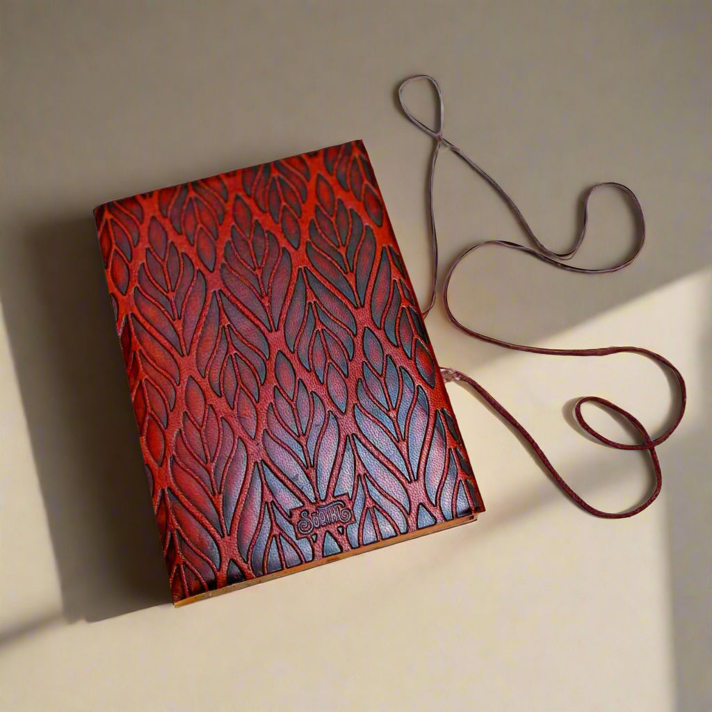 Handmade leather journal by Soothi engraved with uplifting quote – ideal for gratitude journaling, personal growth, and beautiful writings