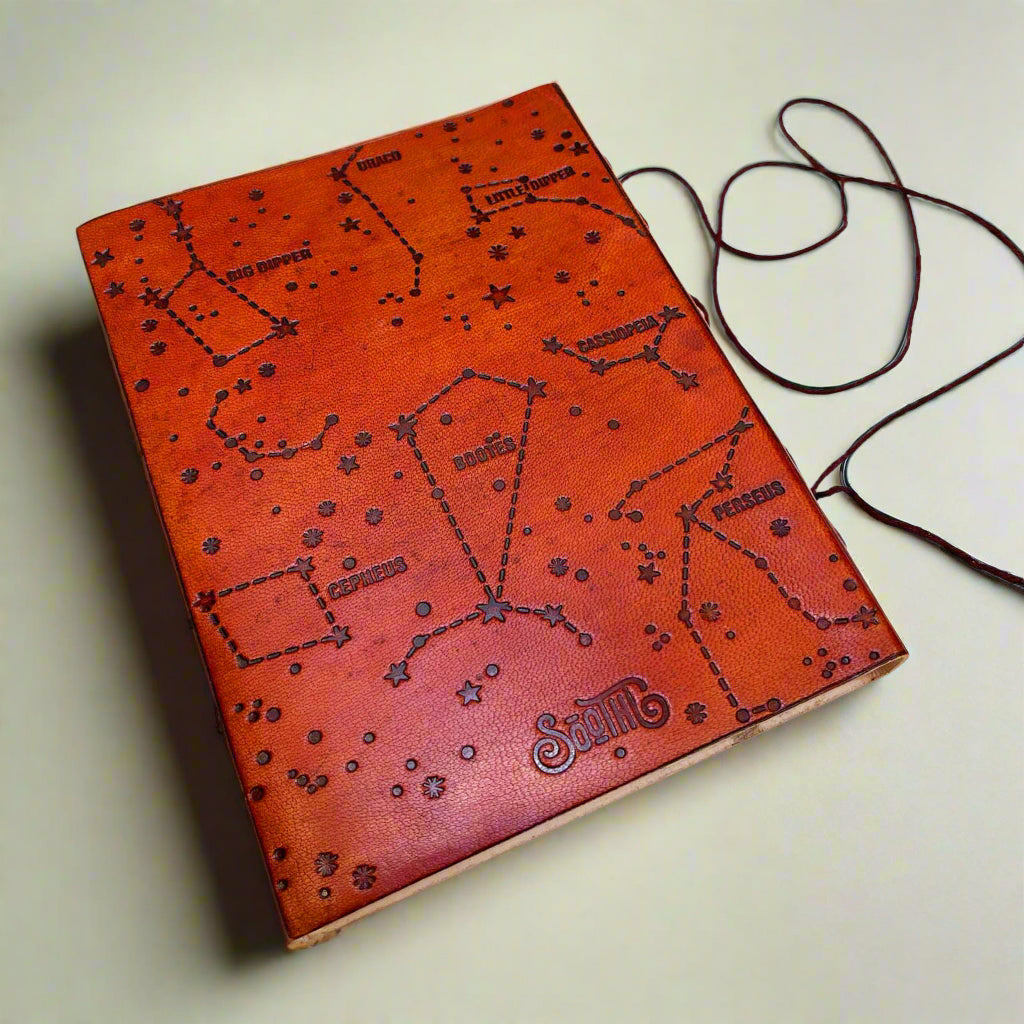 Vintage-style leather notebook engraved with constellations – rustic charm for dreamers, writers, and wanderers