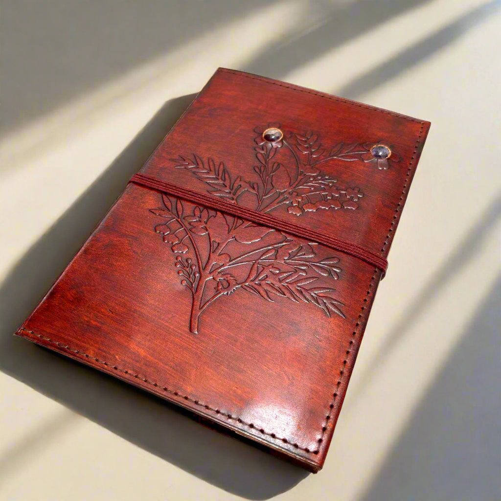 Floral-embossed leather journal – eco-conscious design with amethyst and botanical stones for grounding and creativity