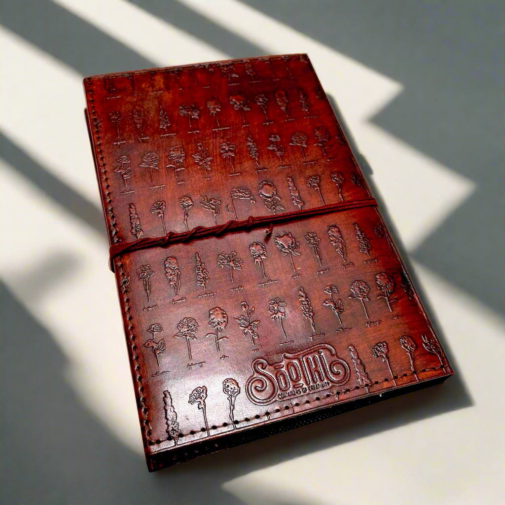 Floral-embossed leather journal – eco-conscious design with amethyst and botanical stones for grounding and creativity