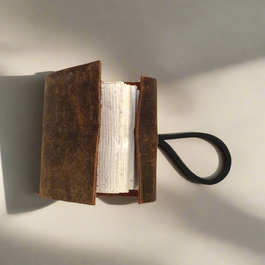 Handcrafted mini notepad in purple leather – perfect for jotting ideas, reminders, or affirmations