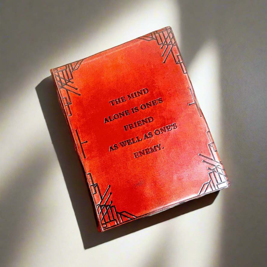 Leather journal embossed with motivational quote – handcrafted notebook for self-discovery, intention setting, or daily reflections