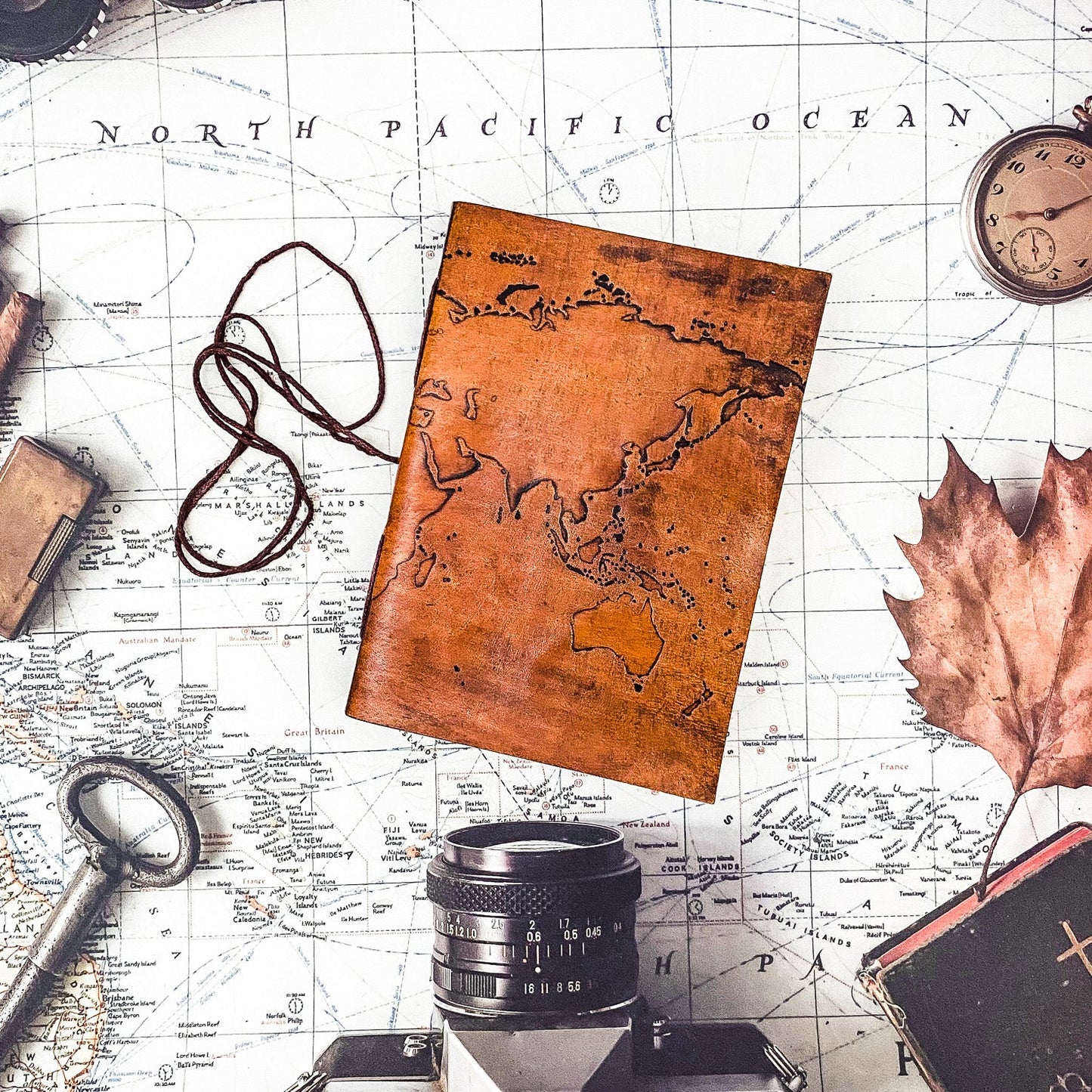 Vintage-style world map leather journal – ideal gift for travelers, writers, and geography lovers