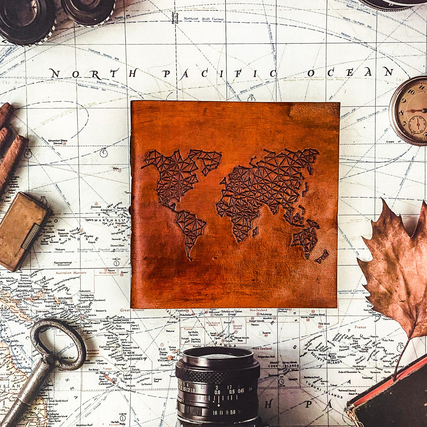 Adventure-ready leather journal – world map embossing for documenting memories from every corner of the globe