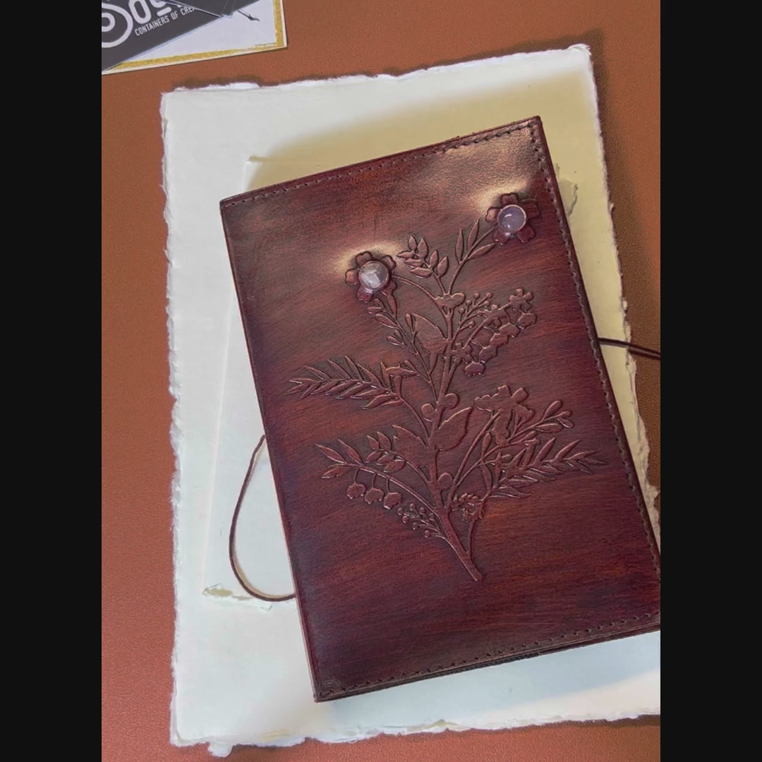 Floral-embossed leather journal – eco-conscious design with amethyst and botanical stones for grounding and creativity