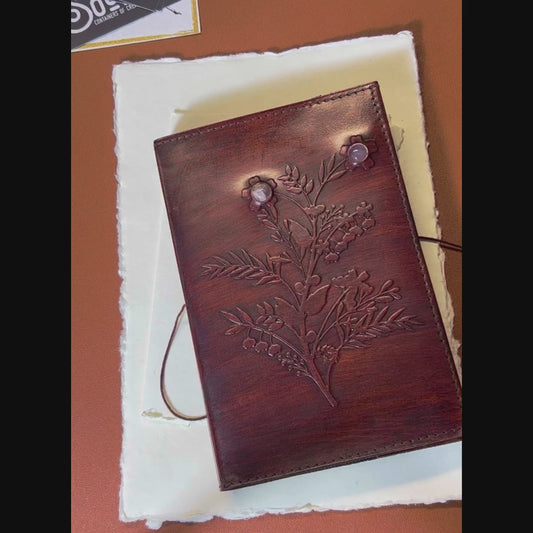 Floral-embossed leather journal – eco-conscious design with amethyst and botanical stones for grounding and creativity