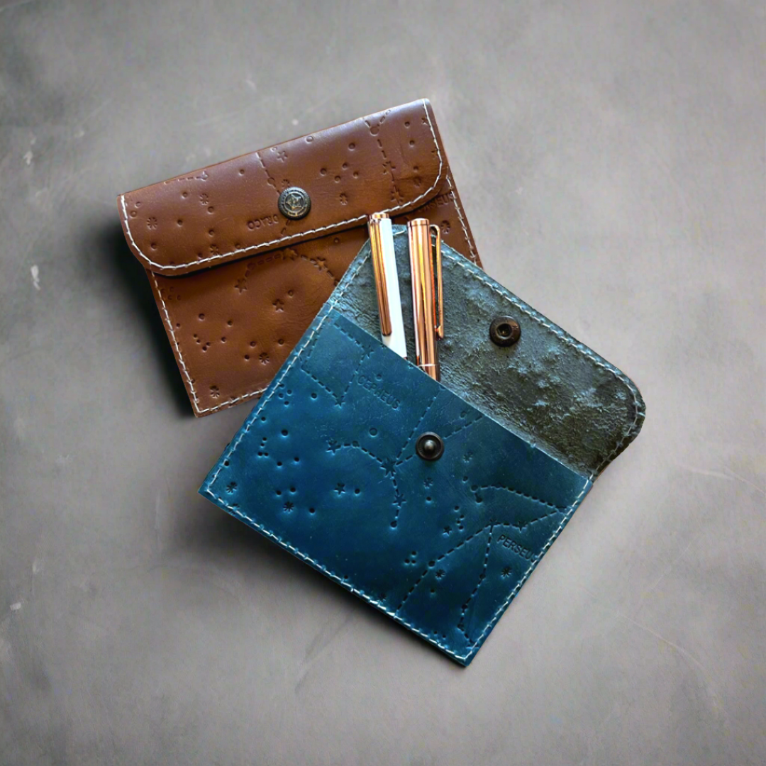 Leather envelope wallet with celestial constellation pattern – available in teal, purple, and brown for a dreamy, star-kissed touch of elegance