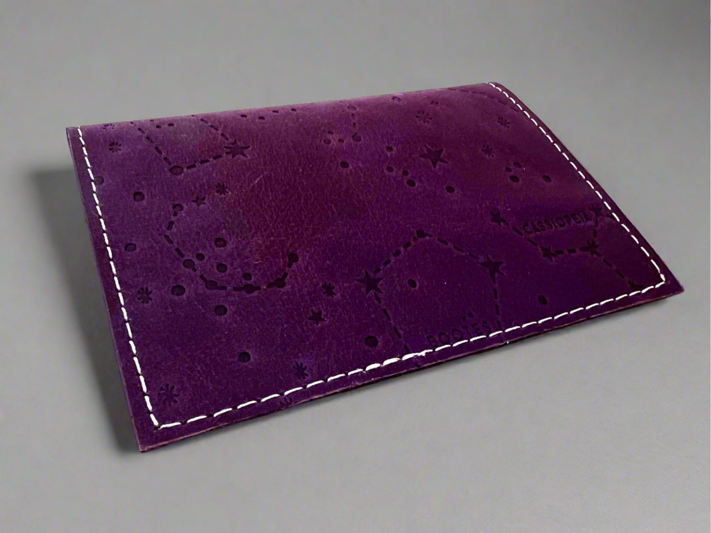 Leather envelope wallet with celestial constellation pattern – available in teal, purple, and brown for a dreamy, star-kissed touch of elegance