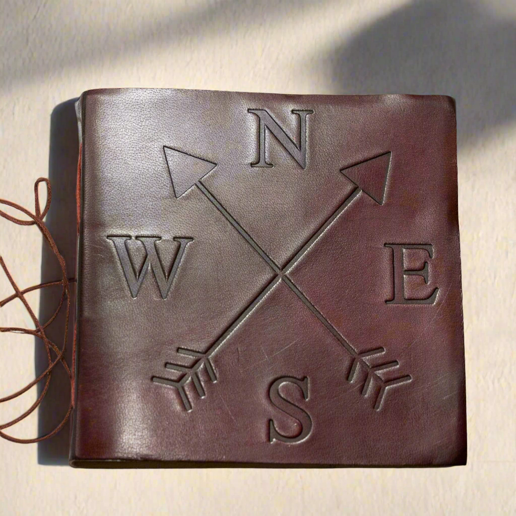 Leather journal embossed with compass – handcrafted travel-inspired journal for adventurers, writers, and seekers of direction
