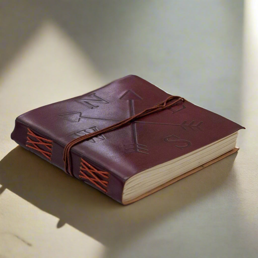 Leather journal embossed with compass – handcrafted travel-inspired journal for adventurers, writers, and seekers of direction