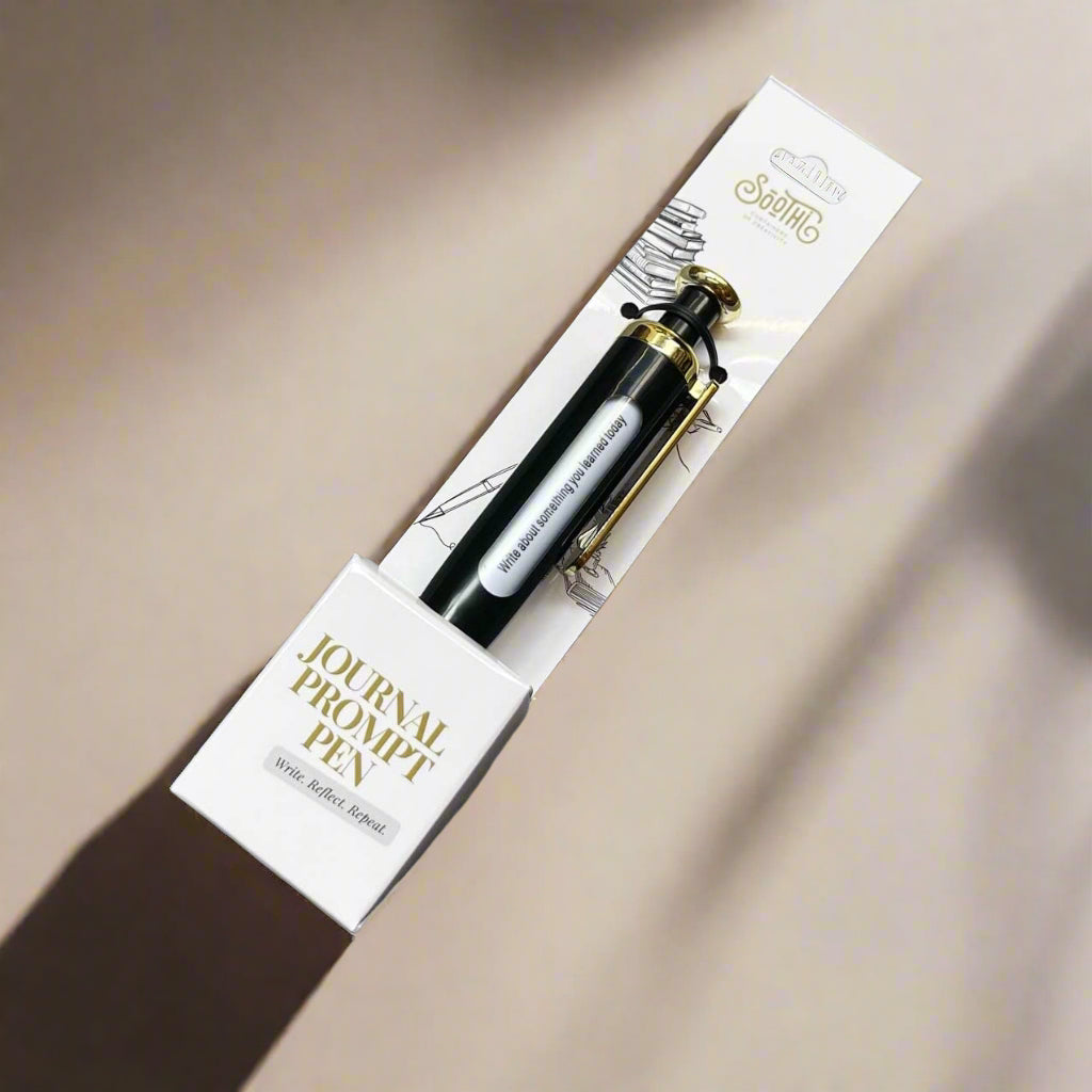 Soothi ballpoint pen with luxurious gold details and journal prompt - write, reflect, repeat