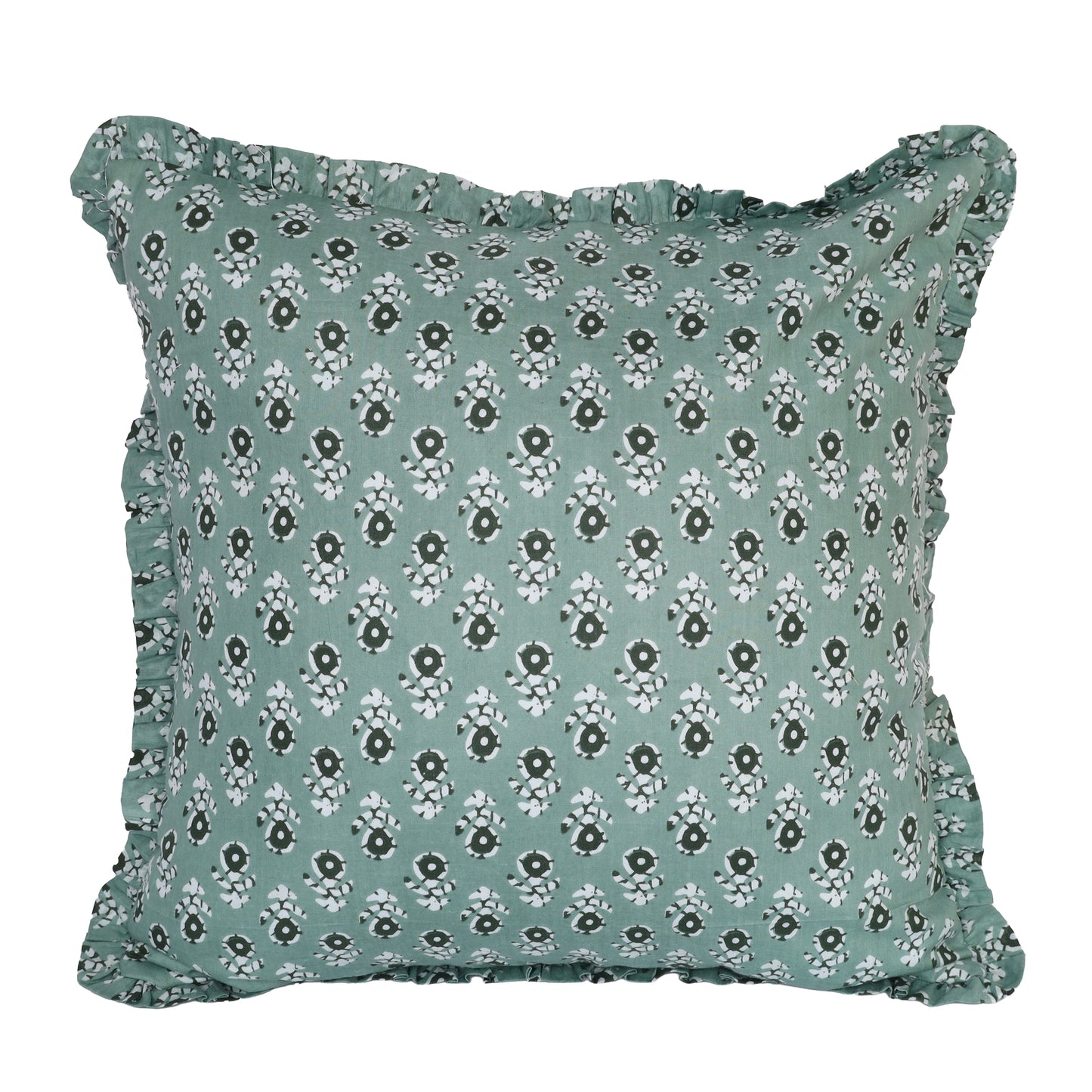 Artisan Block Print Pillow Cover - 20x20 Ruffled Cotton Throw Cushion Case