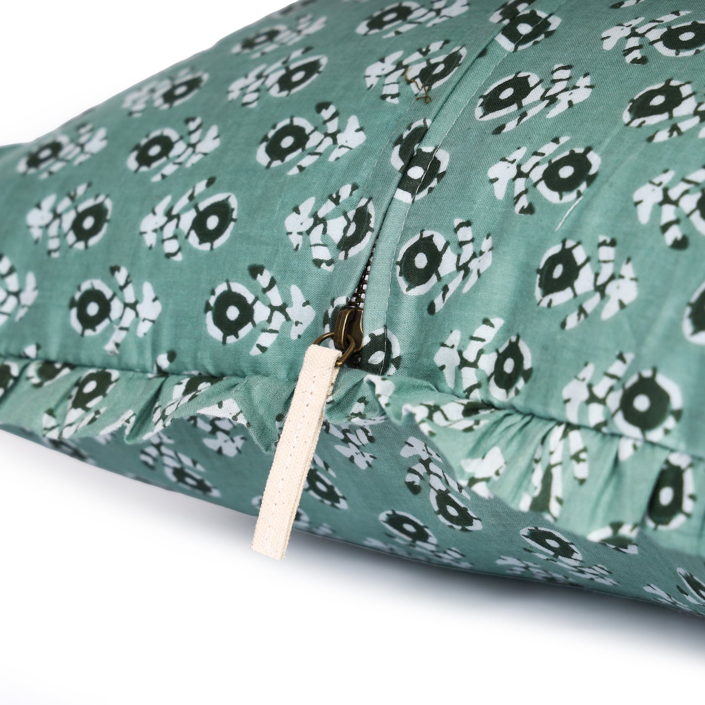 Artisan Block Print Pillow Cover - 20x20 Ruffled Cotton Throw Cushion Case