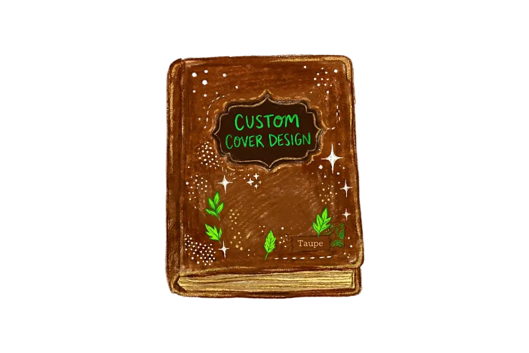 Brown book with 'Custom Cover Design' text on a white background