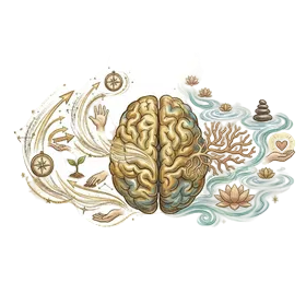 Illustration of a brain with natural elements on a white background