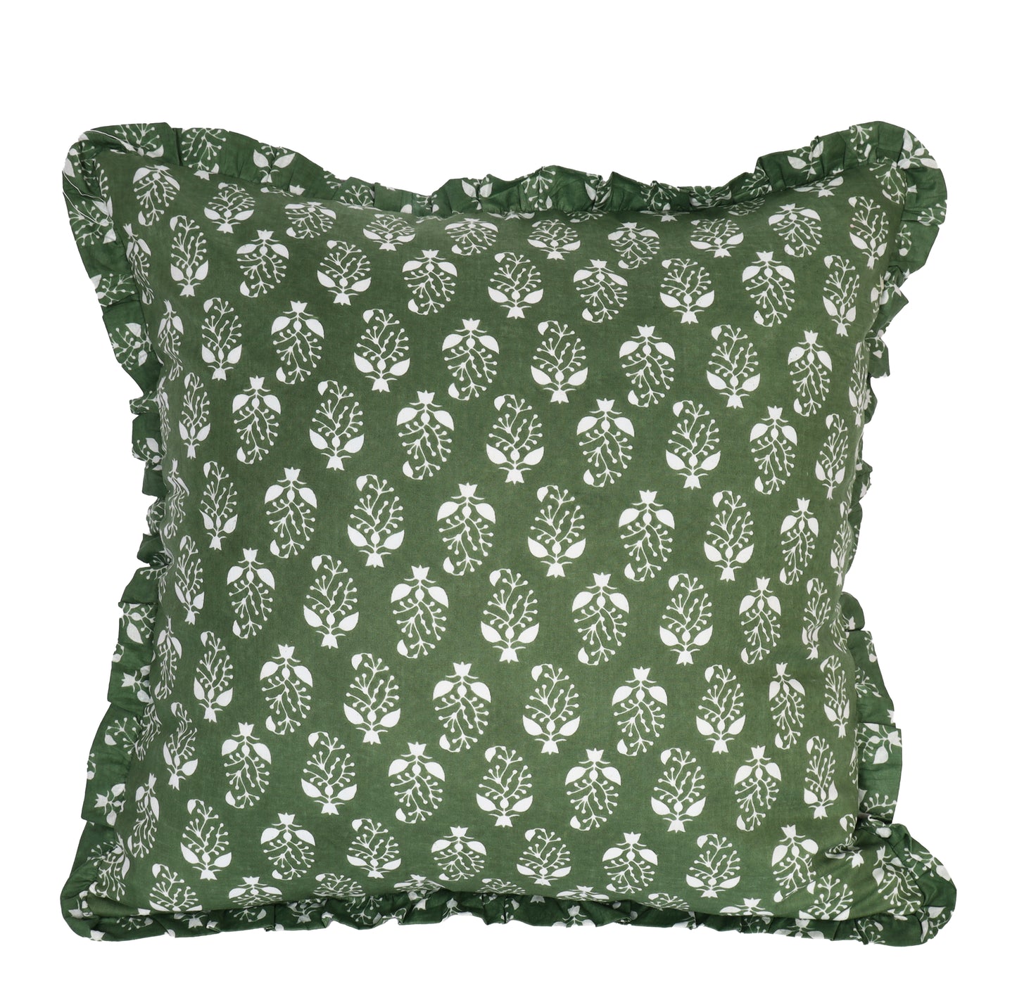 Artisan Block Print Pillow Cover - 20x20 Ruffled Cotton Throw Cushion Case