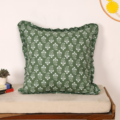 Artisan Block Print Pillow Cover - 20x20 Ruffled Cotton Throw Cushion Case
