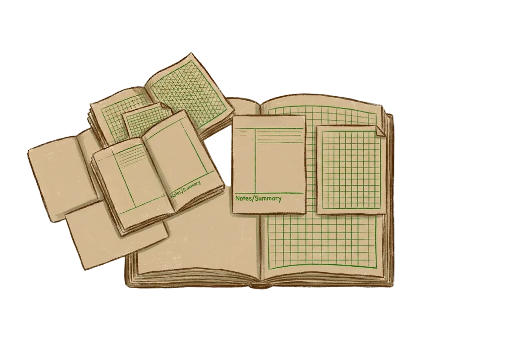 Illustration of a stack of notebooks with grid and plain pages on a white background