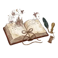 Open book with a feather pen and inkwell, surrounded by magical elements on a white background