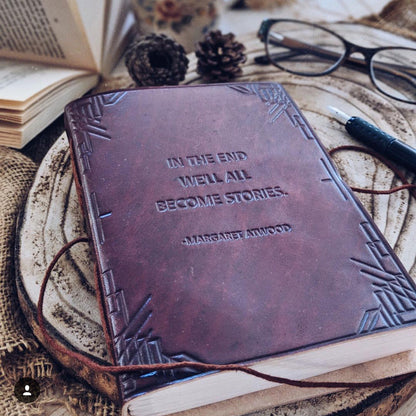 Rustic leather diary with embossed quote “We all become stories” – perfect for dreamers and creatives