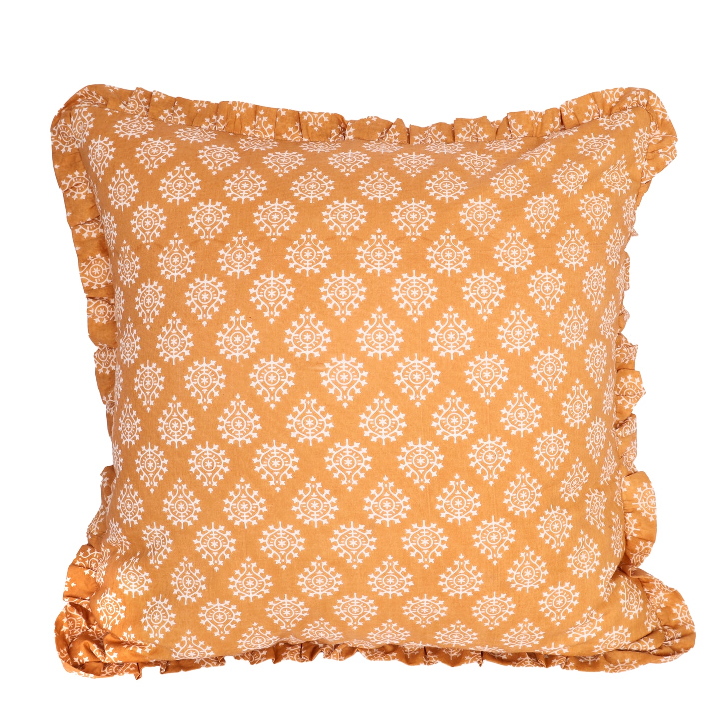 Artisan Block Print Pillow Cover - 20x20 Ruffled Cotton Throw Cushion Case