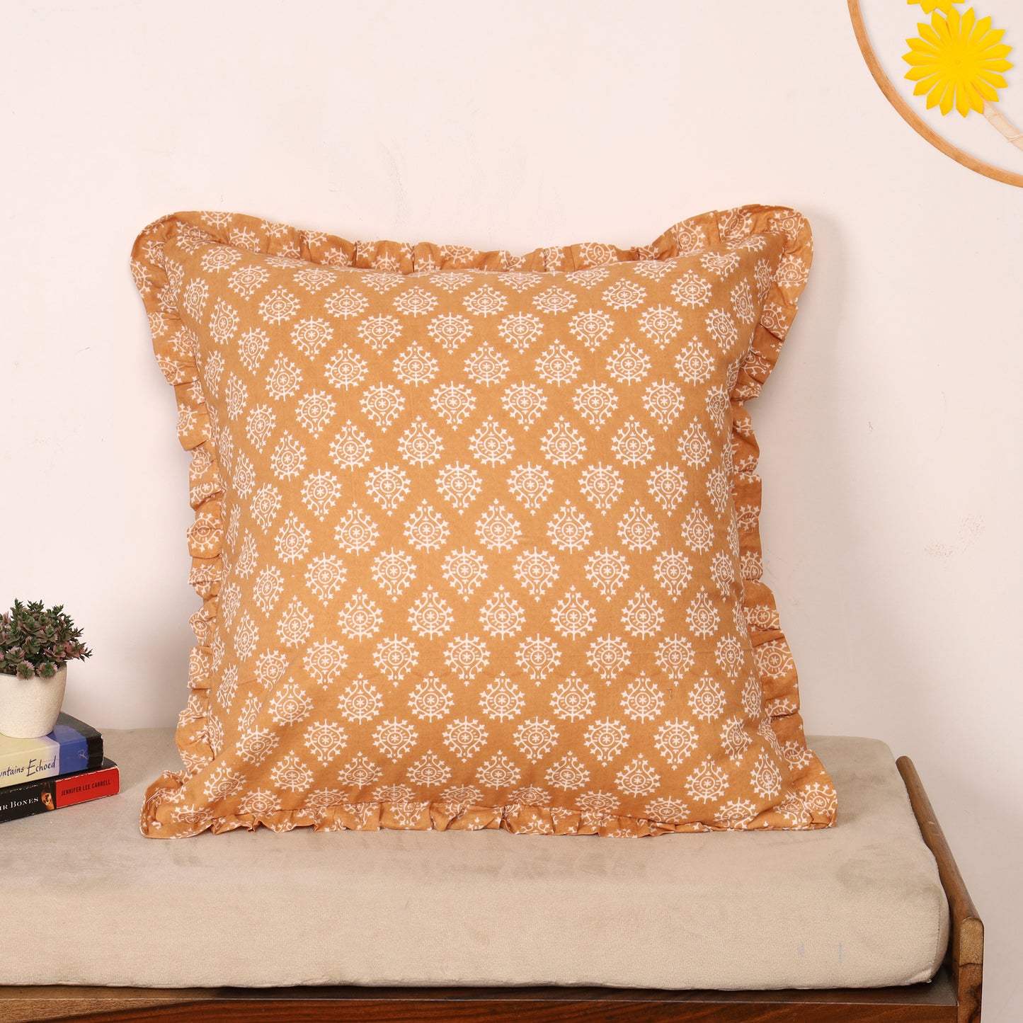 Artisan Block Print Pillow Cover - 20x20 Ruffled Cotton Throw Cushion Case
