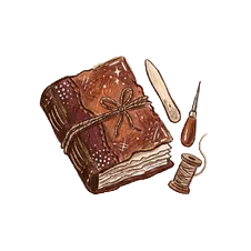 Illustration of a leather-bound book with a rope tie, a knife, and a candle on a white background