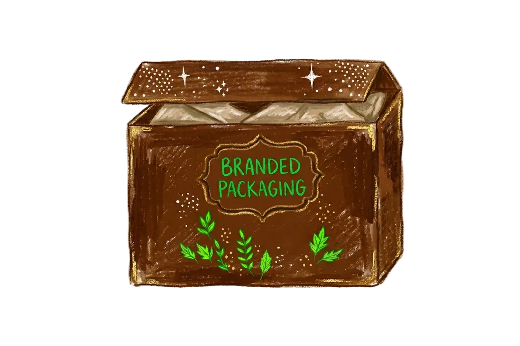 Brown branded packaging box with green text and leaf designs on a white background