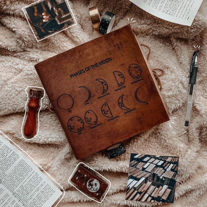 Soothi leather journal embossed with moon phases – celestial-inspired, handcrafted notebook for lunar journaling, intention setting, and spiritual reflection