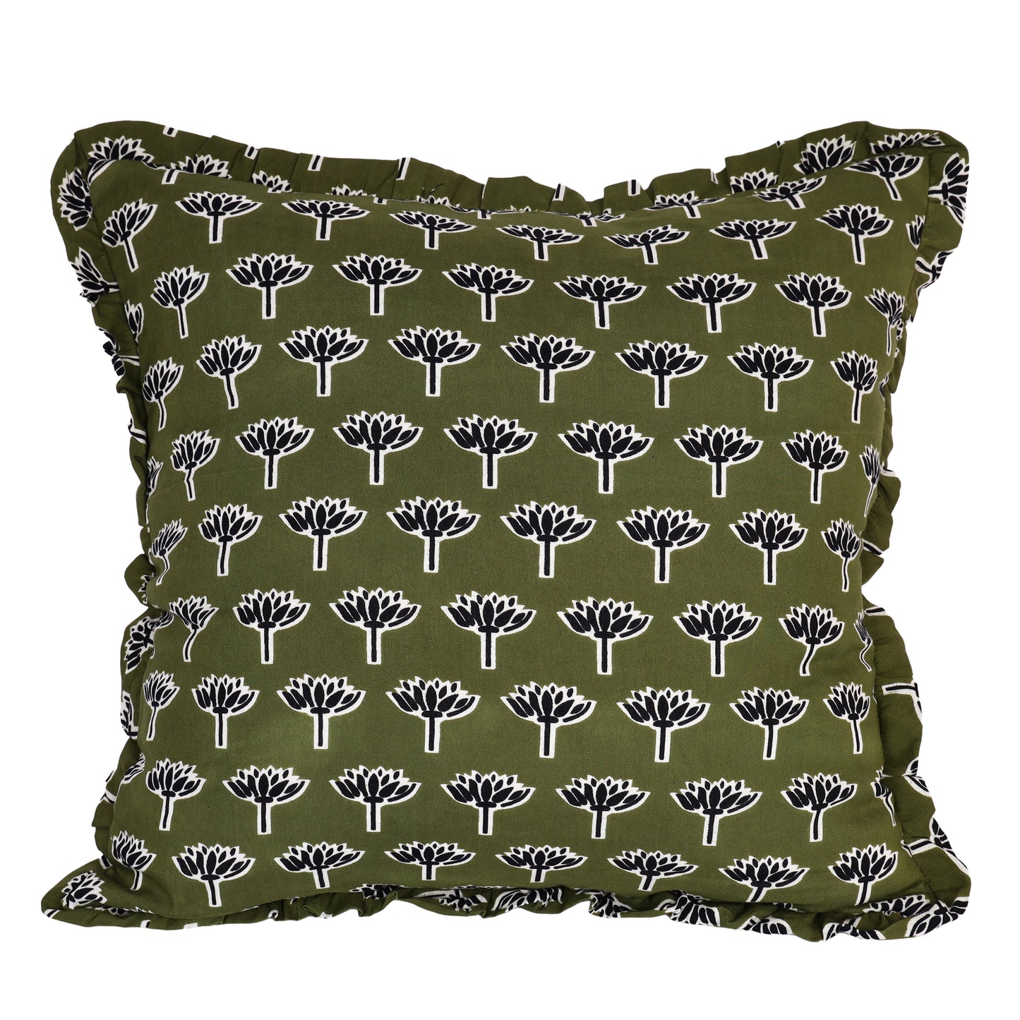 Artisan Block Print Pillow Cover - 20x20 Ruffled Cotton Throw Cushion Case