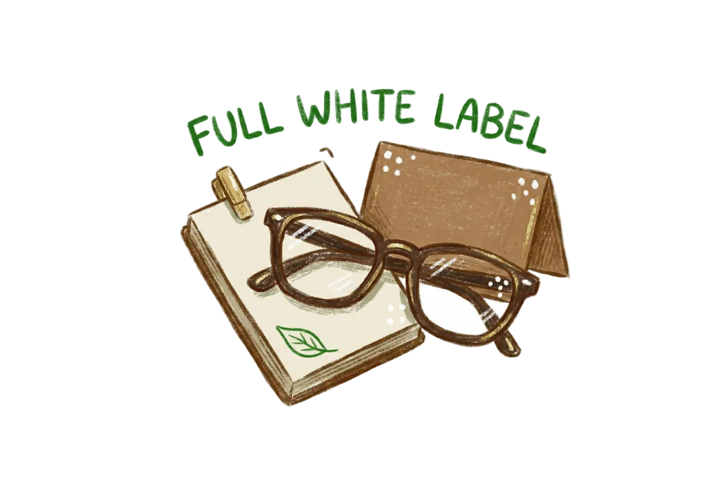 Illustration of glasses on an open book with a green leaf, accompanied by 'Full White Label' text.