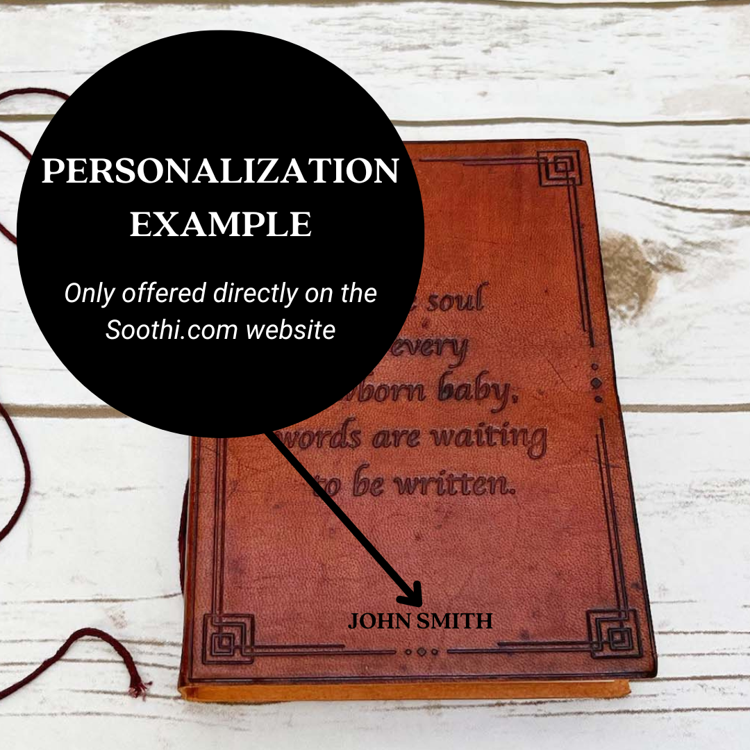 Leather-bound journal embossed with the quote “In The Soul Of Every New Born Baby Words Are Waiting To Be Written - perfect for documenting new borns progress, baby diary
