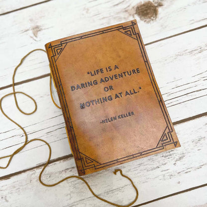 Eco-friendly leather journal with Helen Keller's Quote "A Daring Adventure" – handcrafted notebook for travel stories