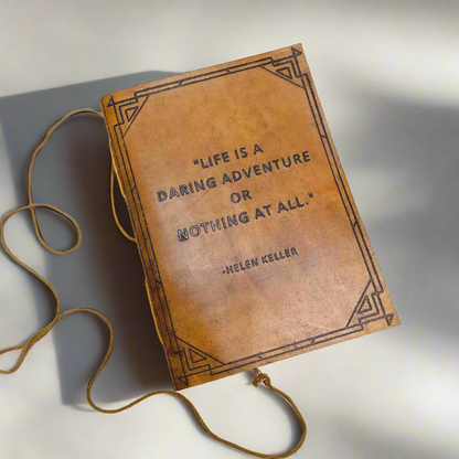 Eco-friendly leather journal with Helen Keller's Quote "A Daring Adventure" – handcrafted notebook for travel stories