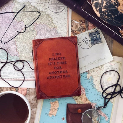 Artisan leather notebook with quote “Another Adventure” – made for explorers, travelers and goal setters