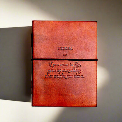 Artisan leather journal with poetic quote embossed – sustainable notebook for mindful writing and creative flow
