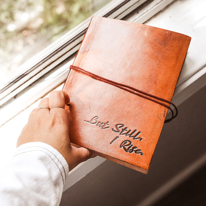 Hand-stitched leather journal with soul-stirring quote – perfect for gratitude logs, reflections, and daily intentions