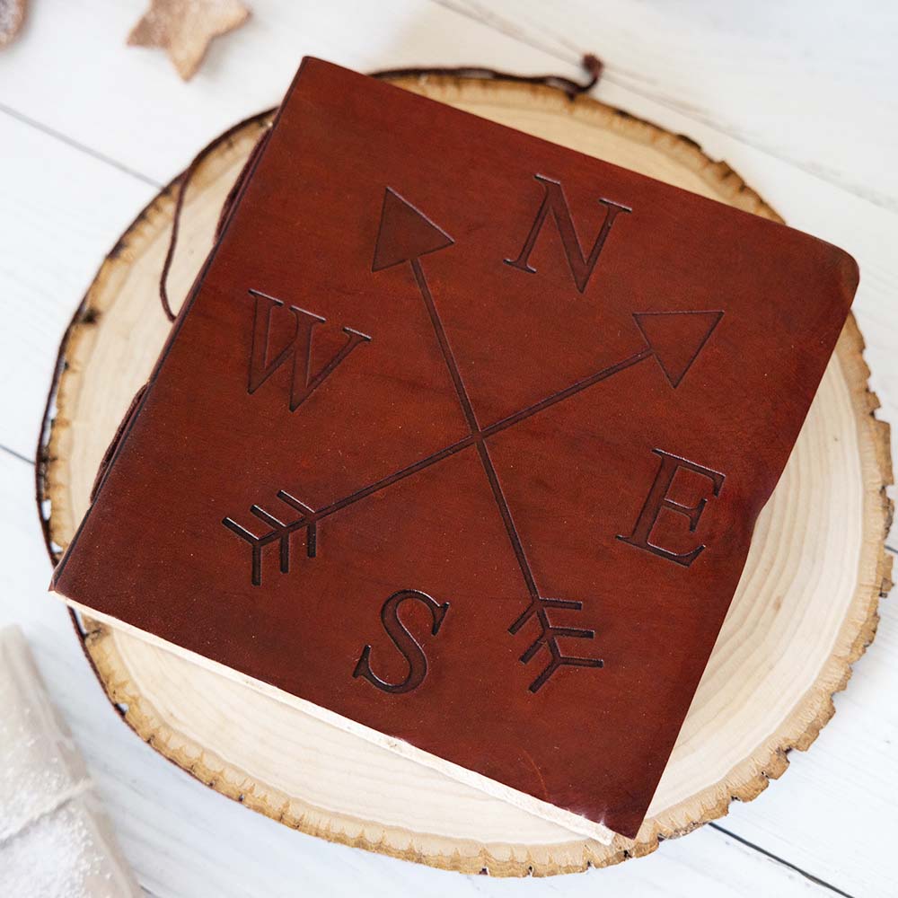 Leather journal embossed with compass – handcrafted travel-inspired journal for adventurers, writers, and seekers of direction
