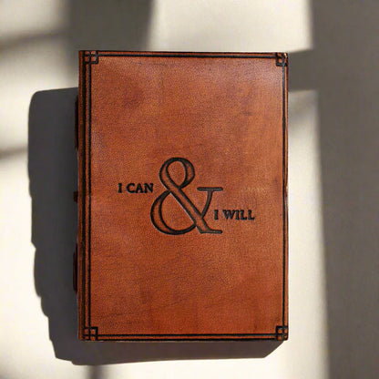 Soothi brown leather journal with the embossed quote 'I Can & I Will' on the cover - perfect for journaling, reflection, and manifesting