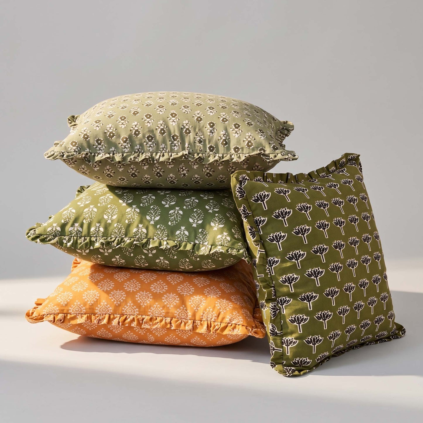 Artisan Block Print Pillow Cover - 20x20 Ruffled Cotton Throw Cushion Case